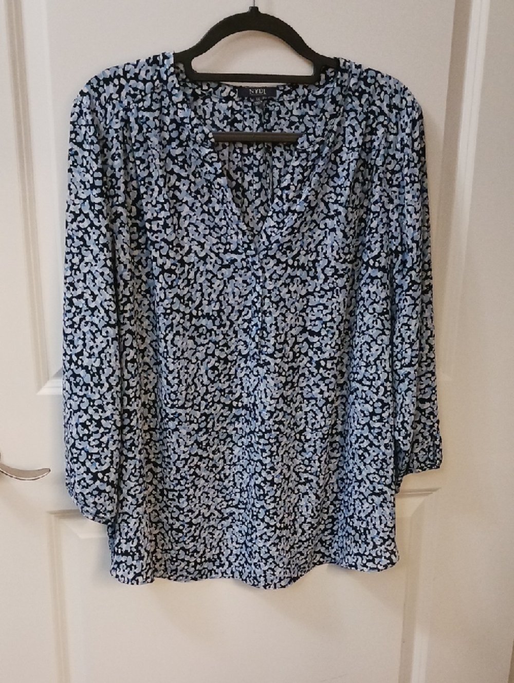 NYDJ Blue Floral Print V-Neck Blouse